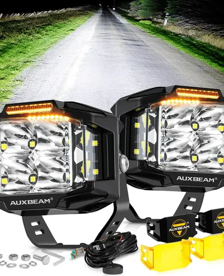 AUXBEAM - V-MAX Series | 4 Inch 92W 8960LM Spot Beam Side Shooter LED Square Pod Lights with Amber DRL