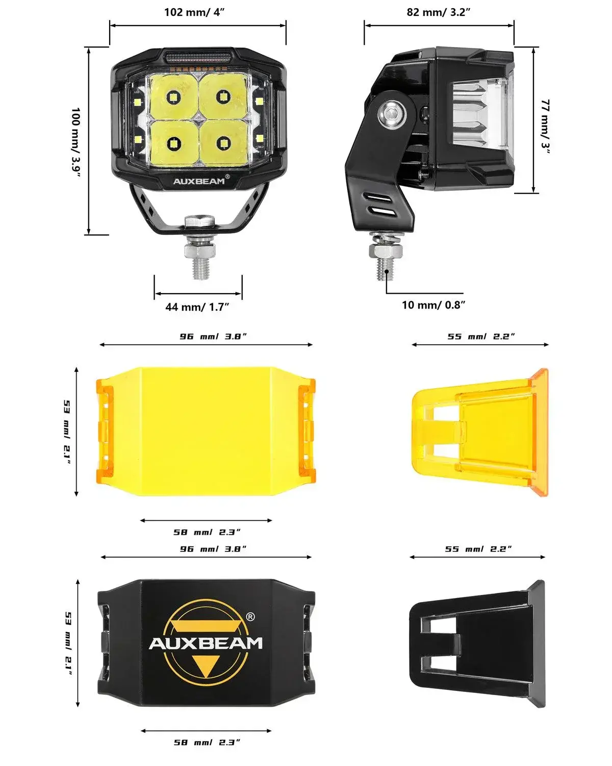 AUXBEAM AUXBEAM - V-MAX Series | 4 Inch 92W 8960LM Spot Beam Side Shooter LED Square Pod Lights with Amber DRL