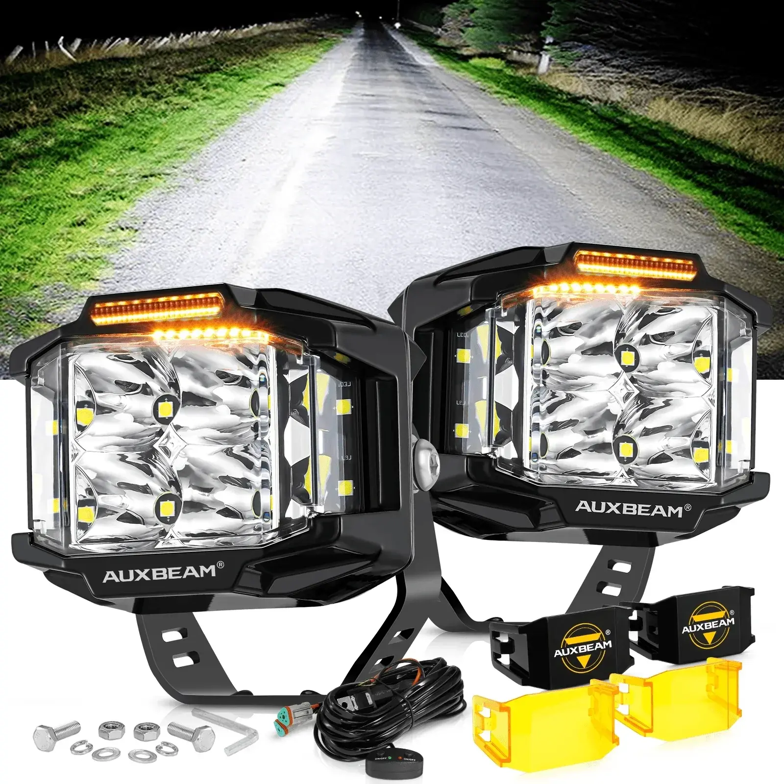 AUXBEAM AUXBEAM - V-MAX Series | 4 Inch 92W 8960LM Spot Beam Side Shooter LED Square Pod Lights with Amber DRL