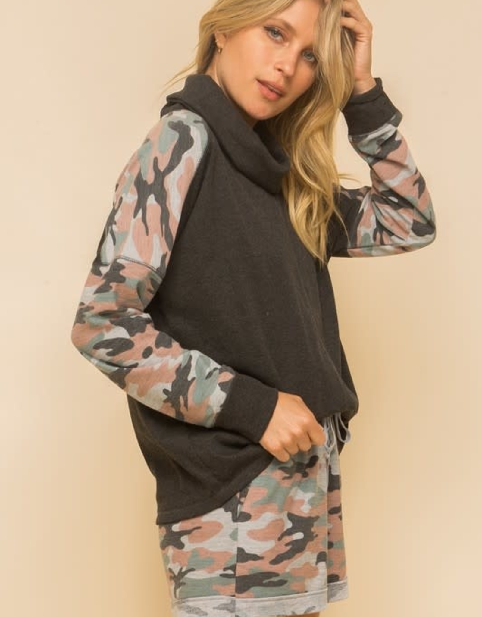 camo cowl neck sweatshirt