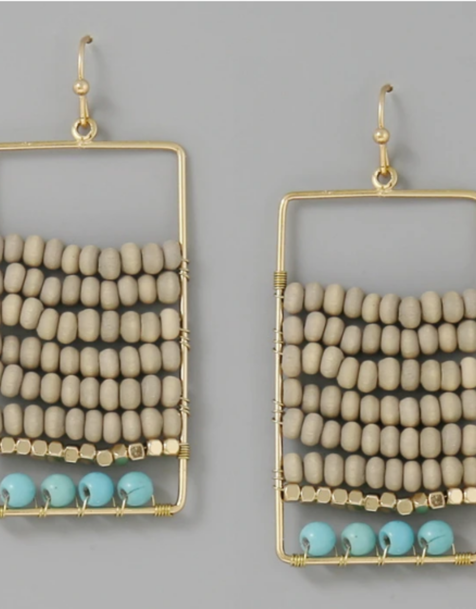 Blue Suede Jewels Wood  & Stone Beaded Rectangular Earrings