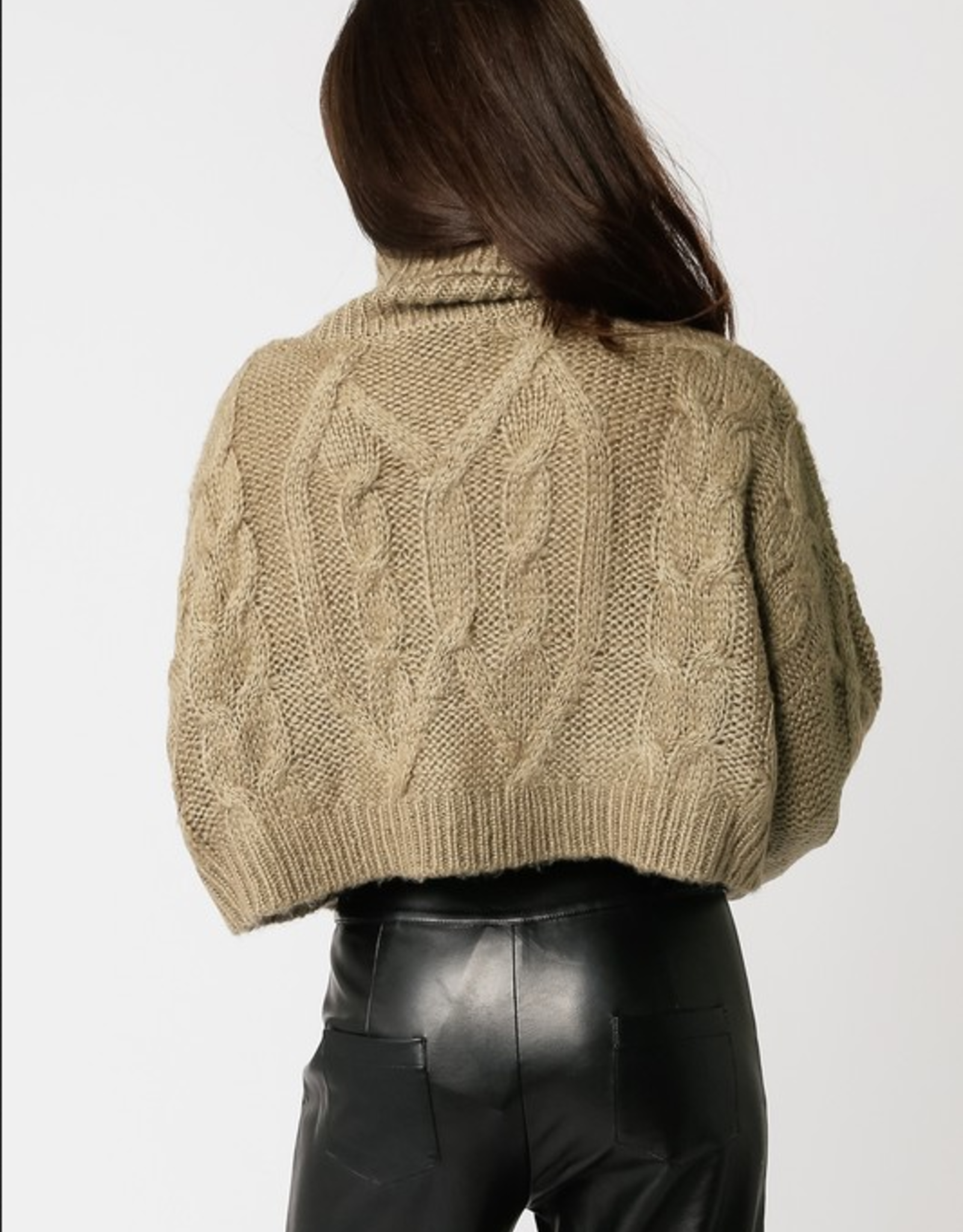 Olivaceous Cropped Turtleneck Cable Knit Sweater