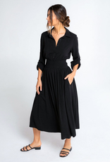 Love Stitch Black Linen Blend Smocked Collared Midi Dress