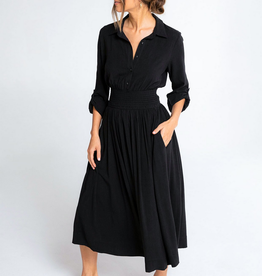 Love Stitch Black Linen Blend Smocked Collared Midi Dress