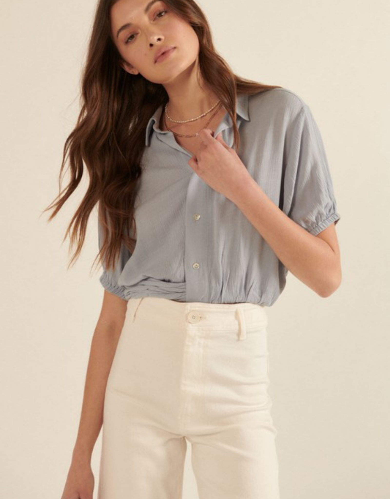 Puff Sleeve Wrap Hem Crop Shirt - J Marcel