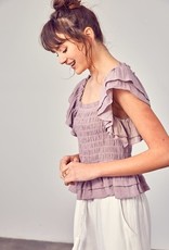 Miou Muse Smocked Ruffle Sleeve Top