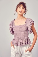 Miou Muse Smocked Ruffle Sleeve Top