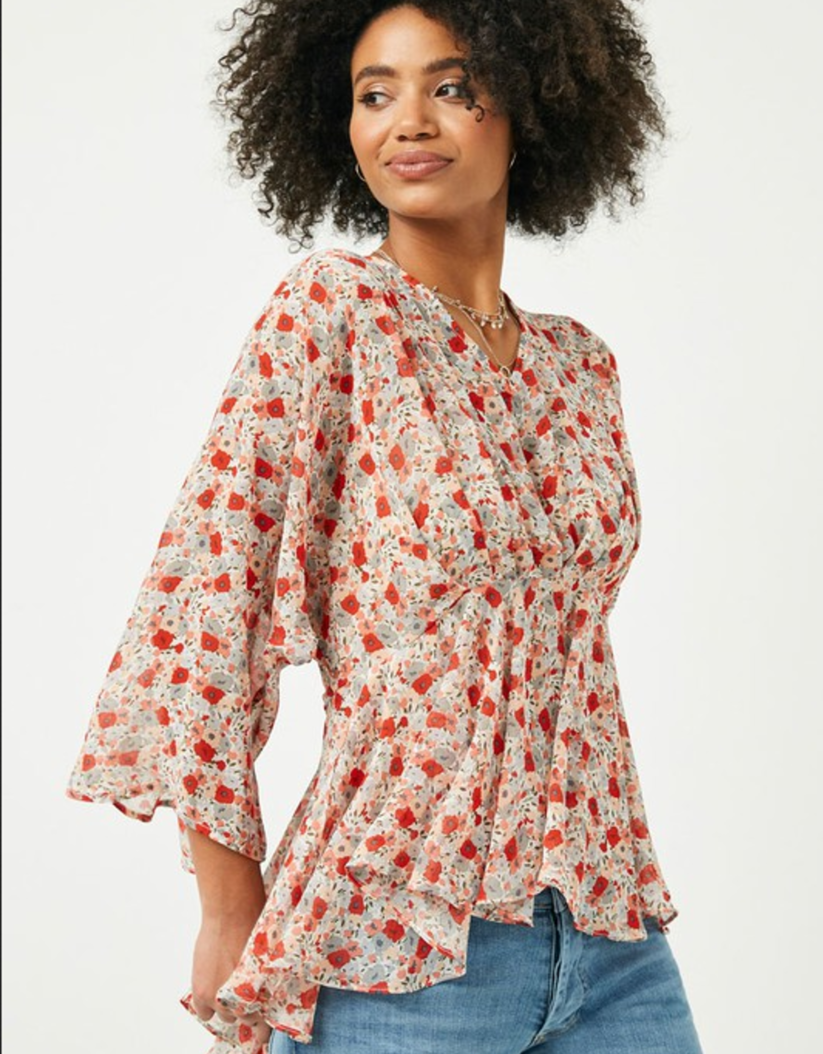 Red Floral Dolman Sleeve V-Neck Peplum 