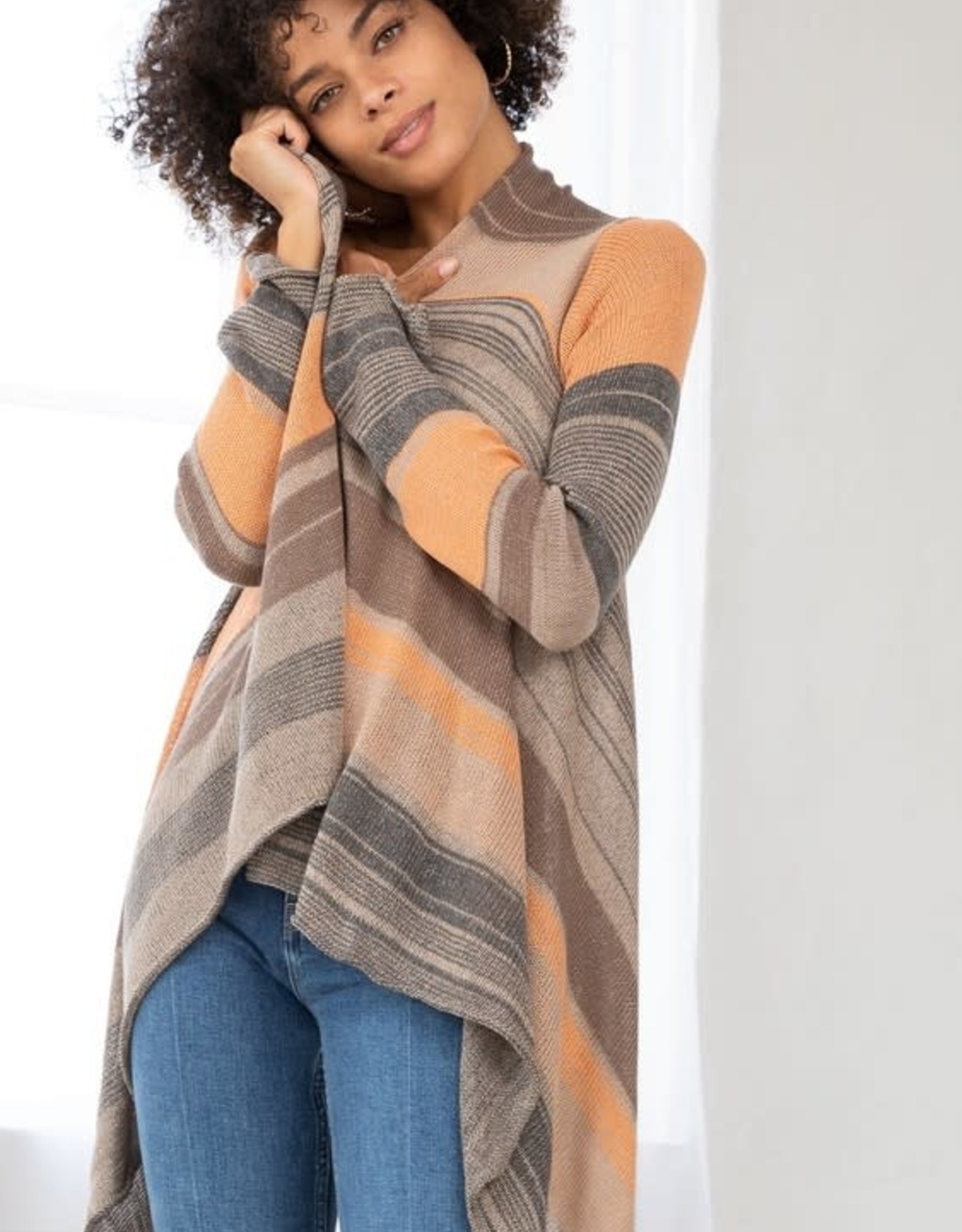 Fall Waterfall Hem Open Front Striped 