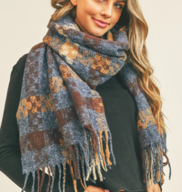 Blue Suede Jewels Soft Check Pattern Scarf with Fringe
