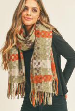 Blue Suede Jewels Soft Check Pattern Scarf with Fringe