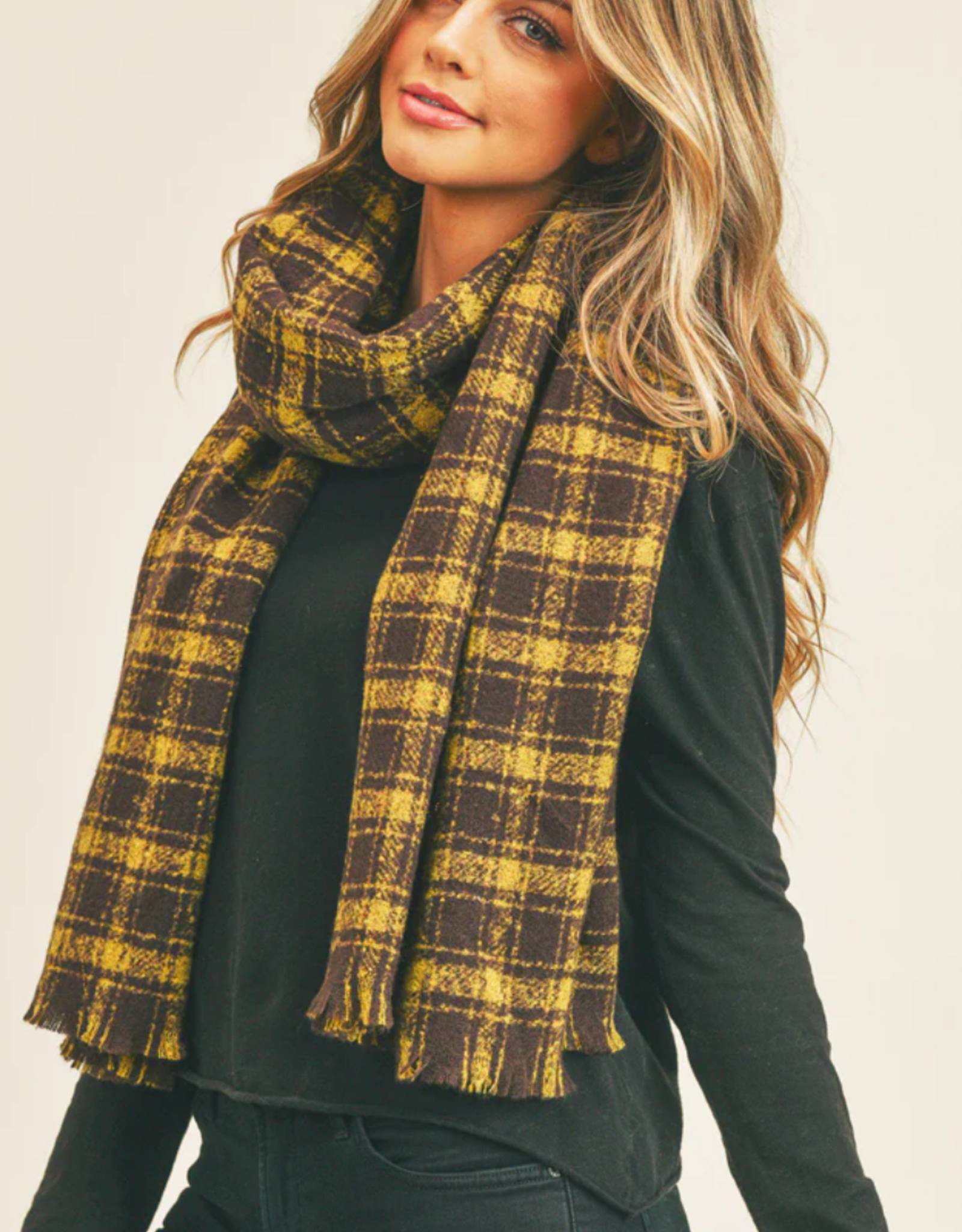 Blue Suede Jewels Classic Plaid Scarf with Fringe