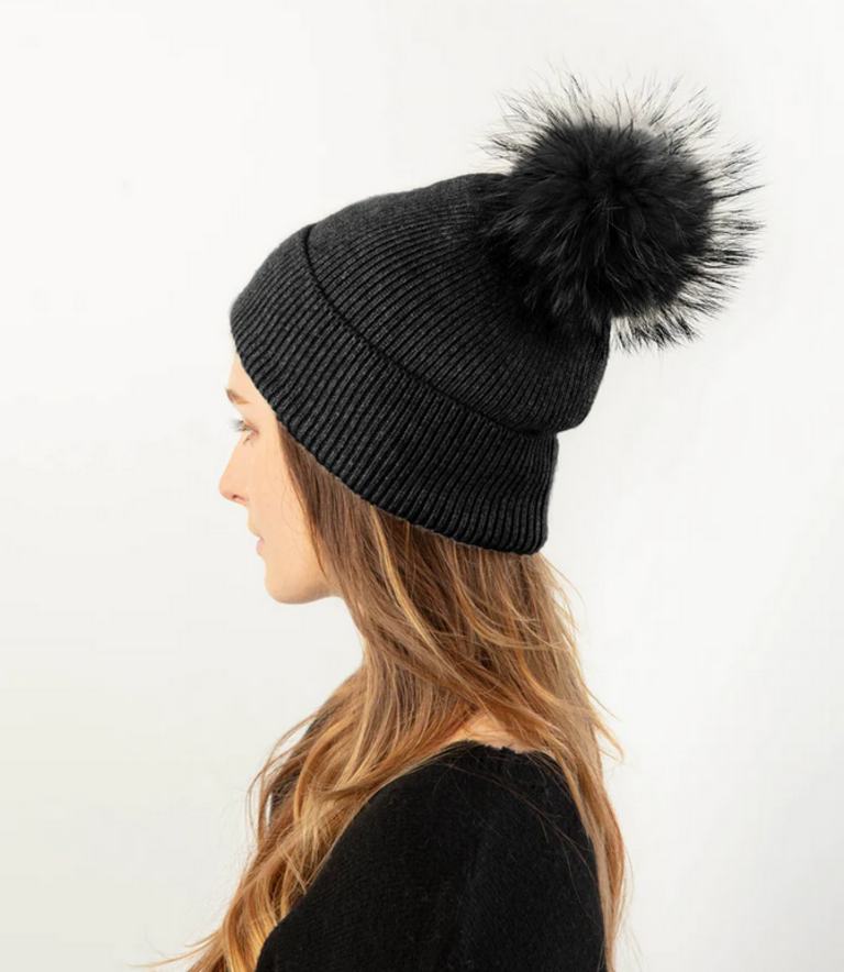 Look By M Basic Rib Knit Pom Pom Hat