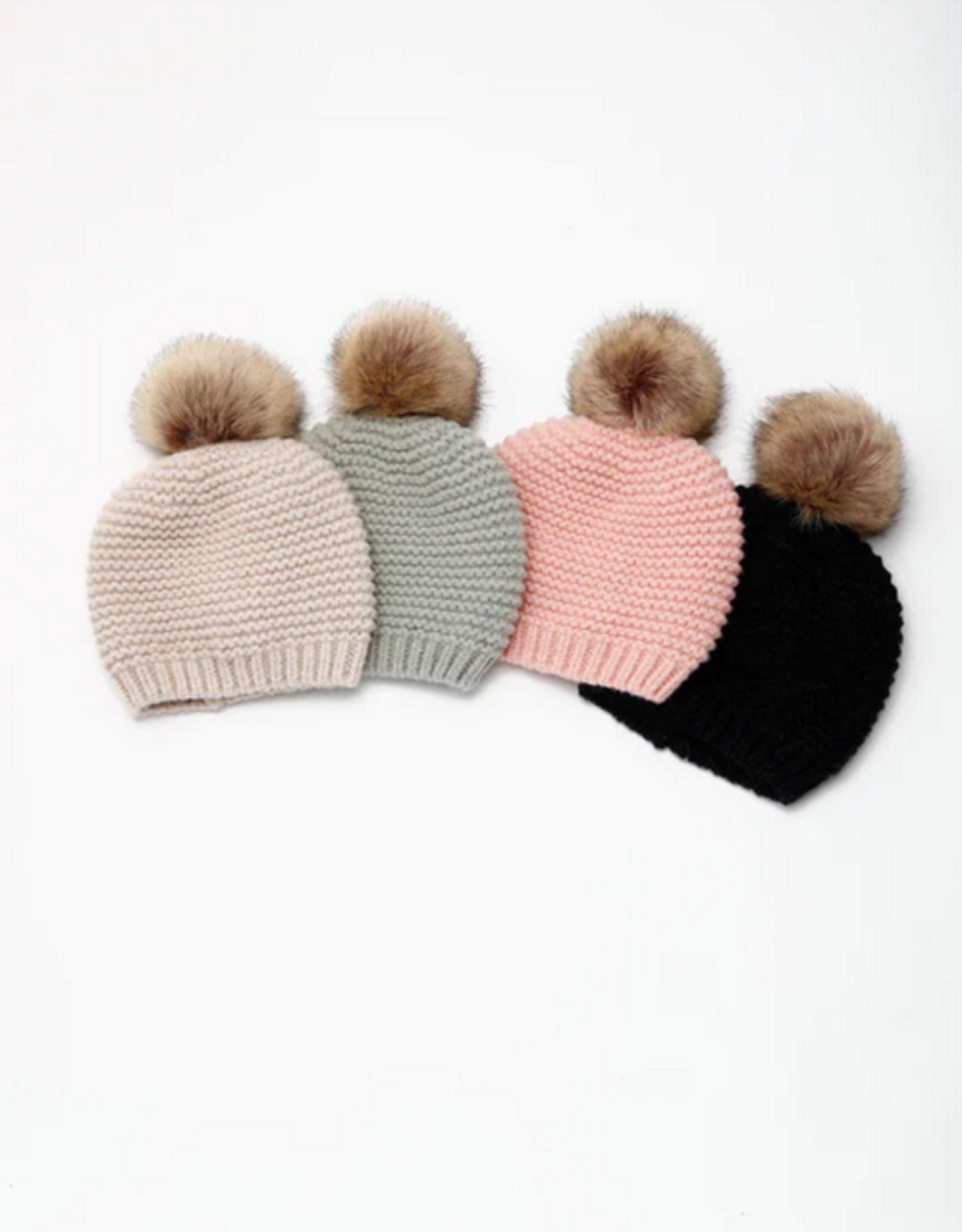 Look By M Waffle-Knitted Faux Fur Pom Pom Hat