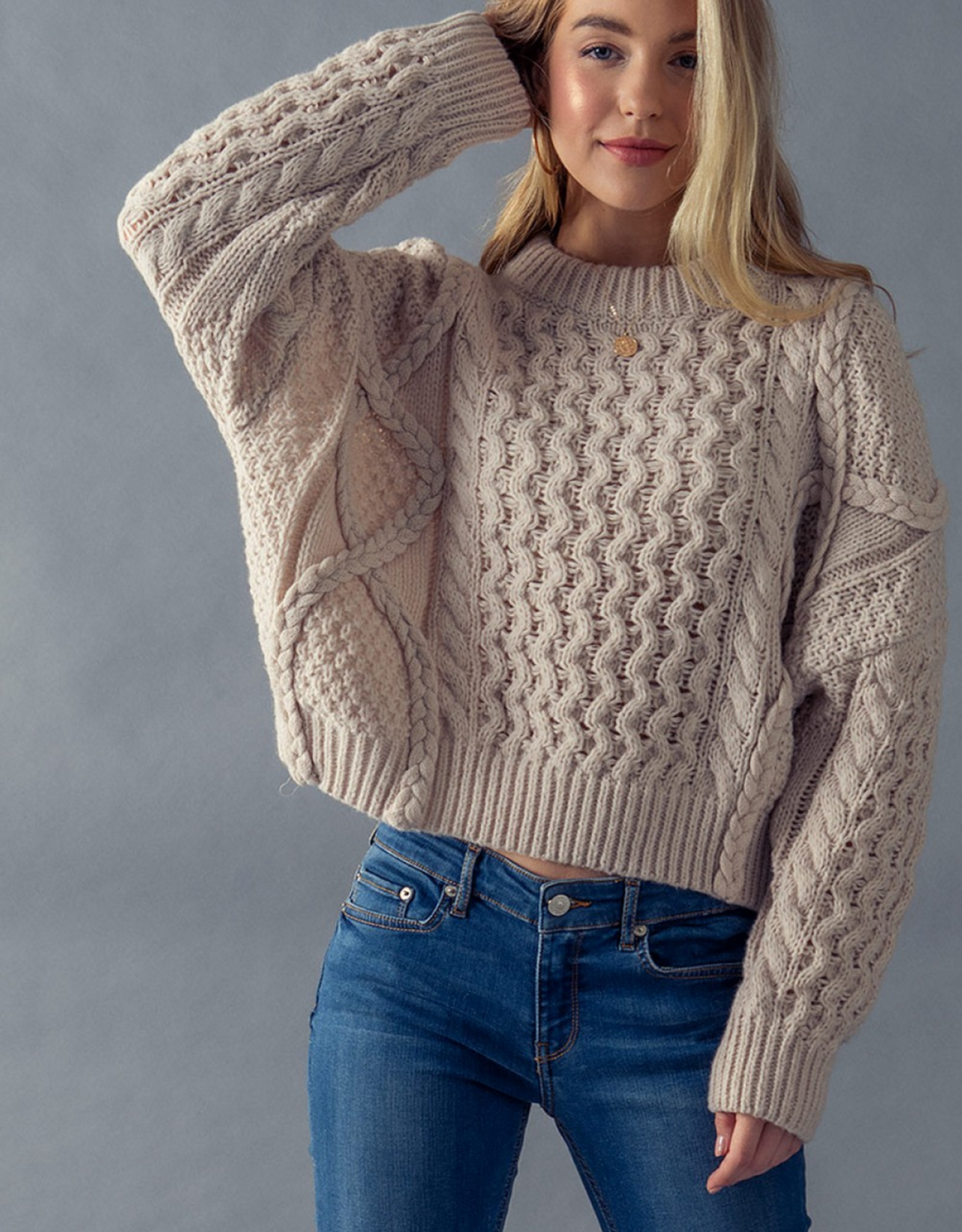 Dreamers by Debut Boyfriend Cable Knit Cropped Sweater