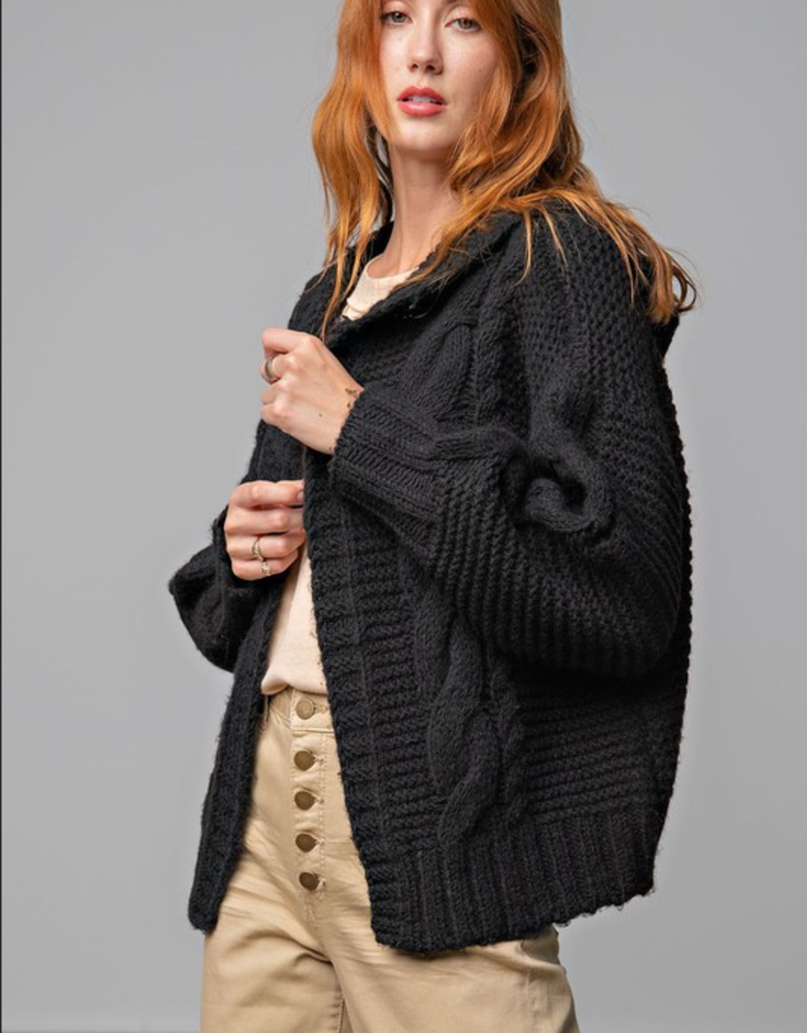 Easel Cable Knit Hooded Cardigan