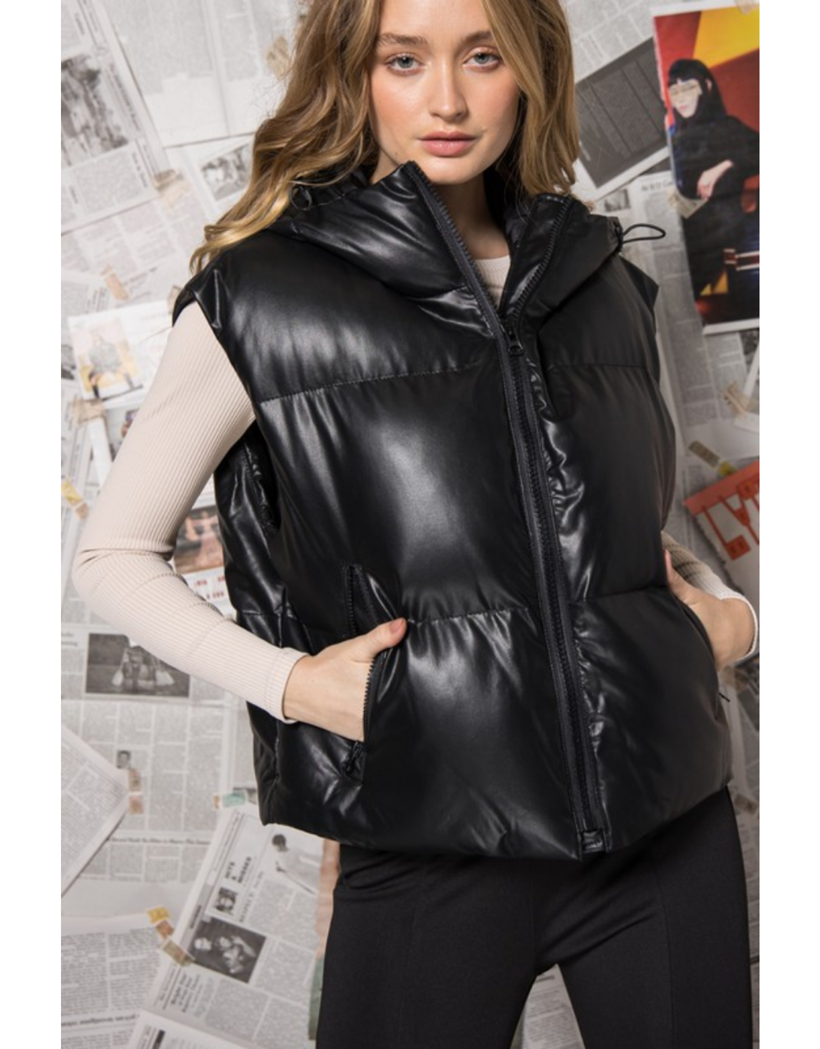 Faux Leather Puffer Vest - J Marcel