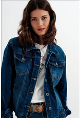 Q2 Cropped Denim Jacket in Darkwash Blue