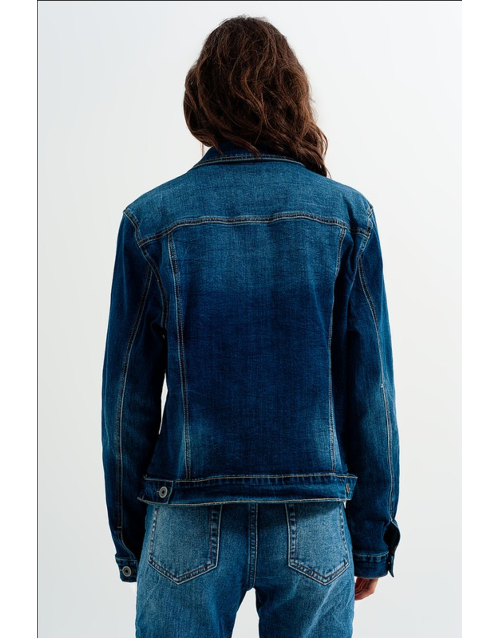 Q2 Cropped Denim Jacket in Darkwash Blue