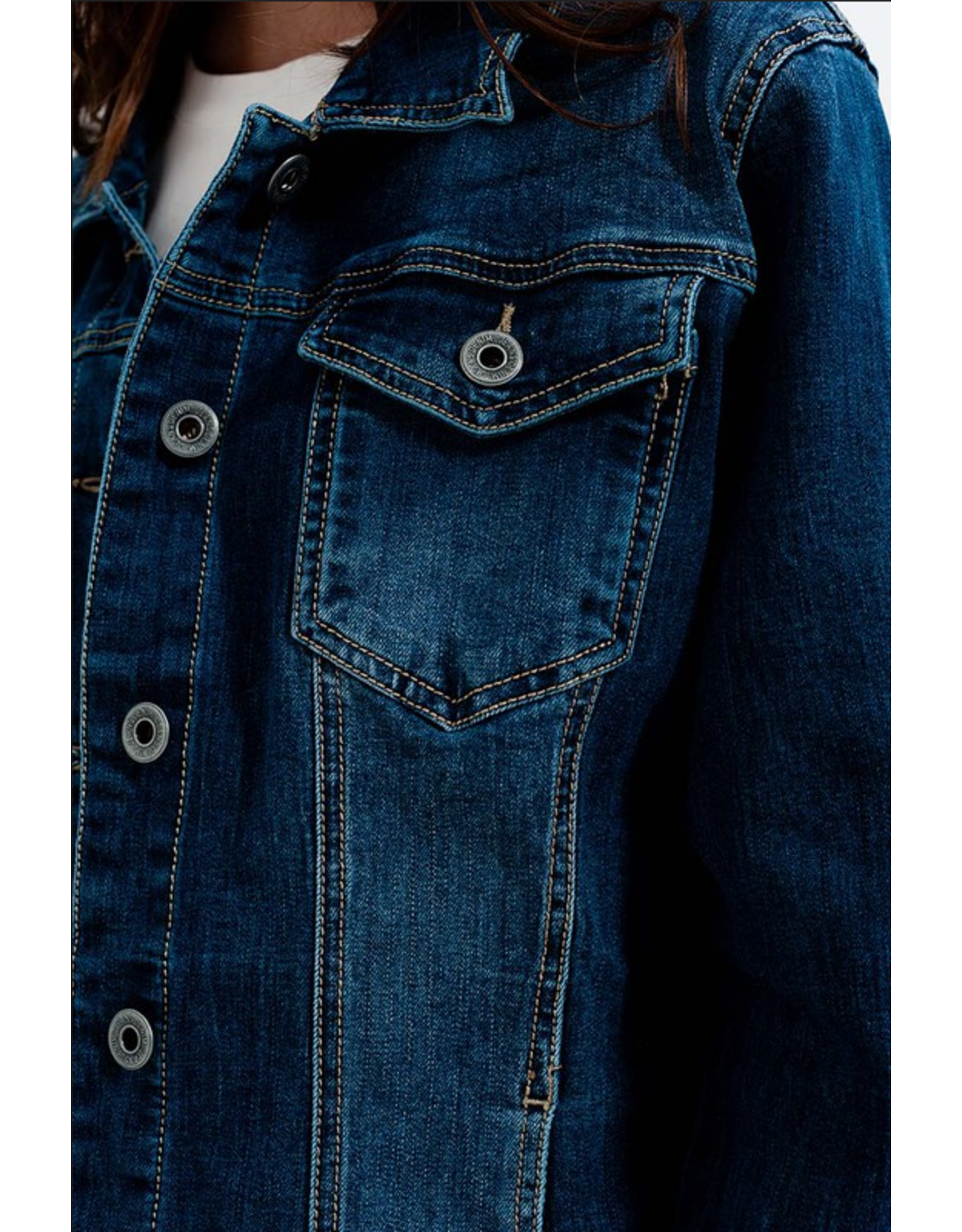 Q2 Cropped Denim Jacket in Darkwash Blue