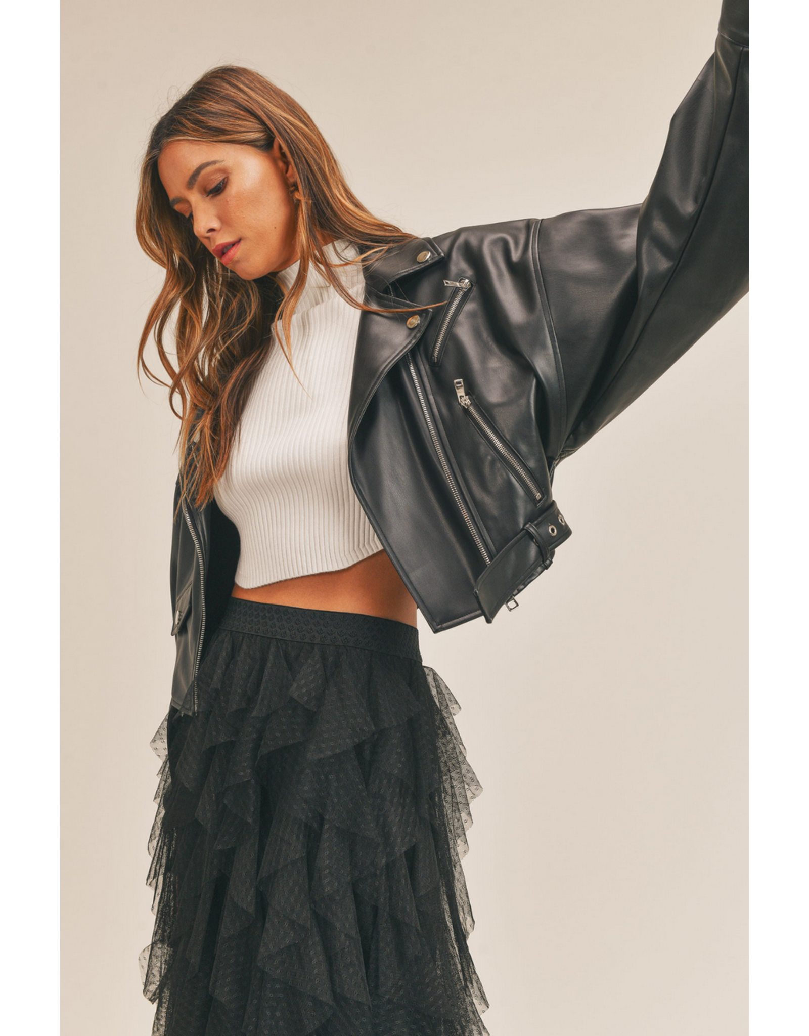 Mable Cropped Faux LEather Moto Jacket