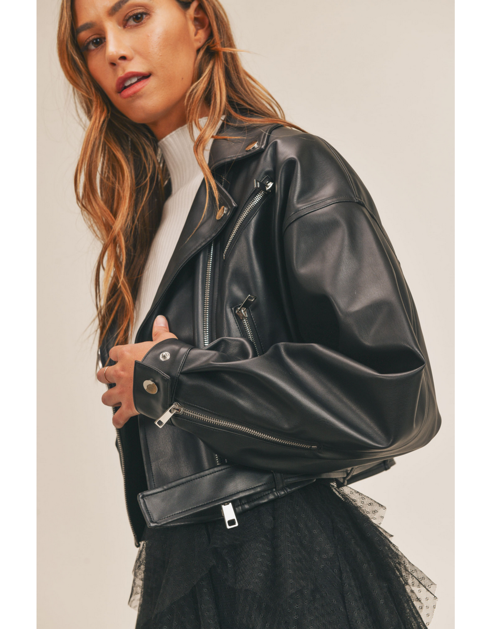 Mable Cropped Faux LEather Moto Jacket