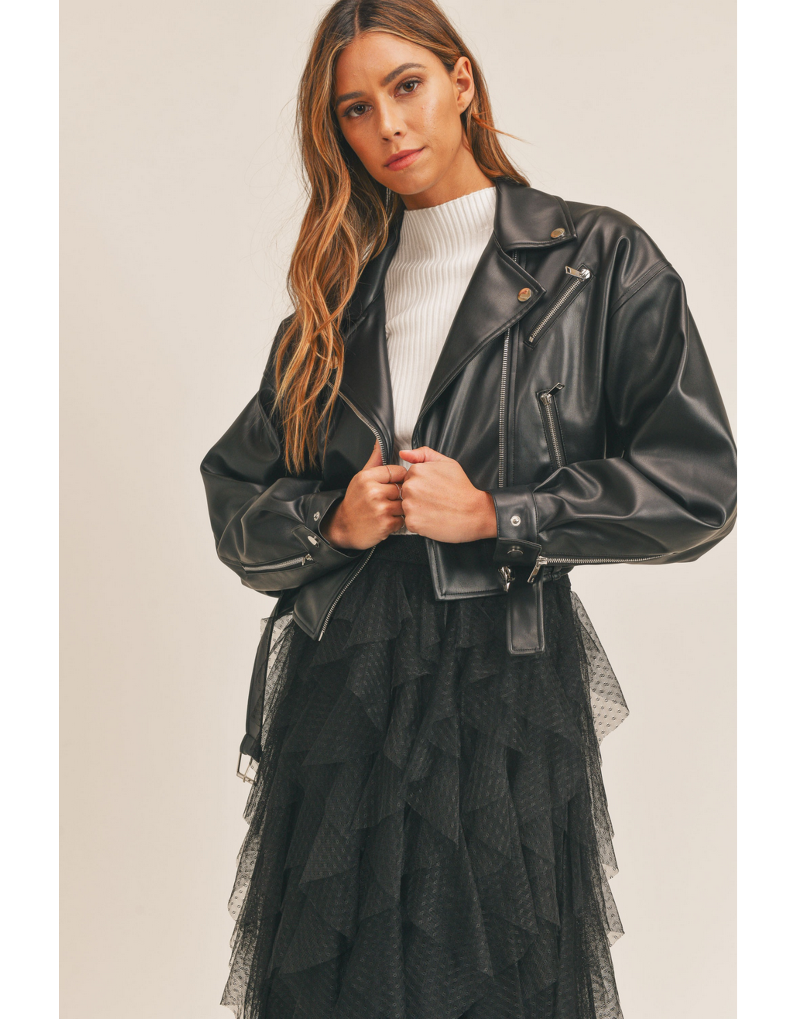 Mable Cropped Faux LEather Moto Jacket