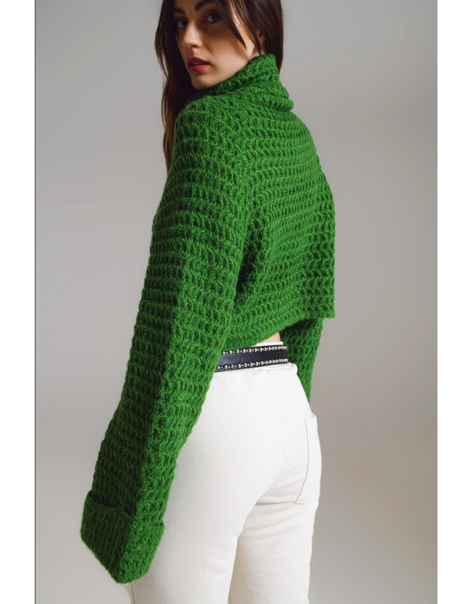 Q2 Green Waffle Knit Turtleneck Sweater