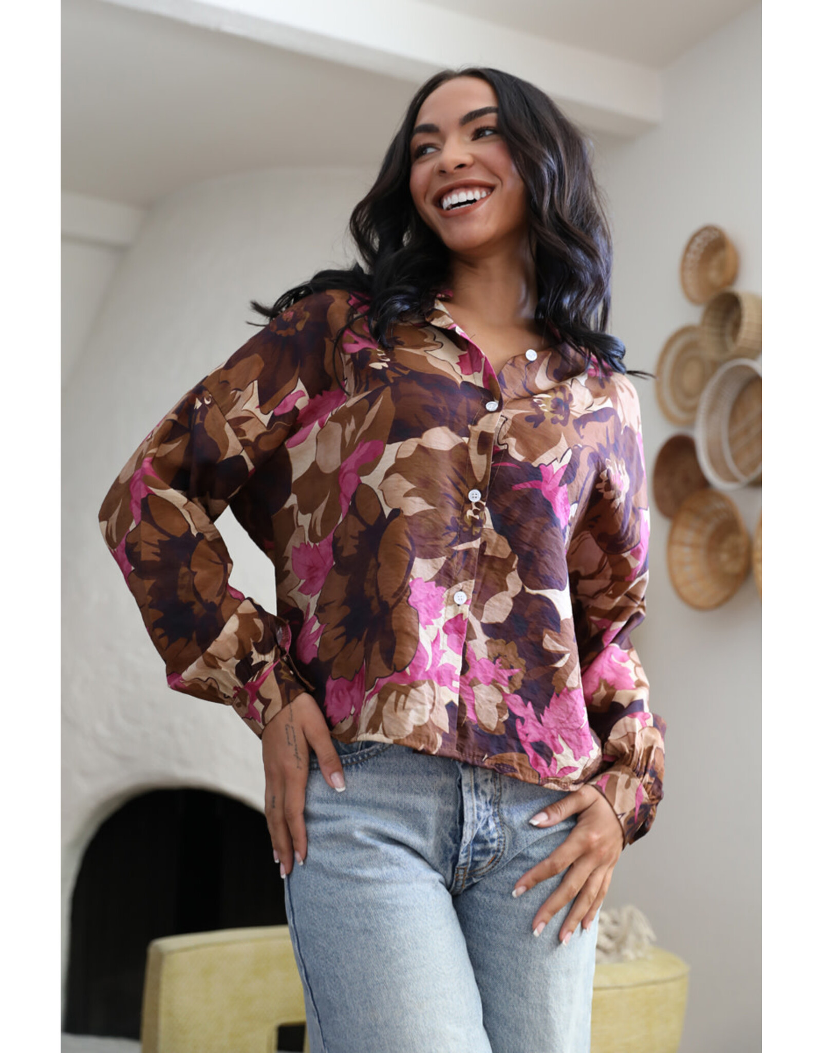 Nostalgia Brown Floral Printed Top ONE SIZE
