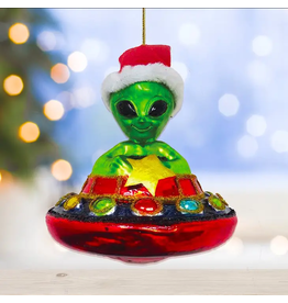 Ornamentally You Alien and UFO Glass Christmas Ornament