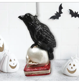 Ornamentally You Raven On Skull and Book Glass Ornament