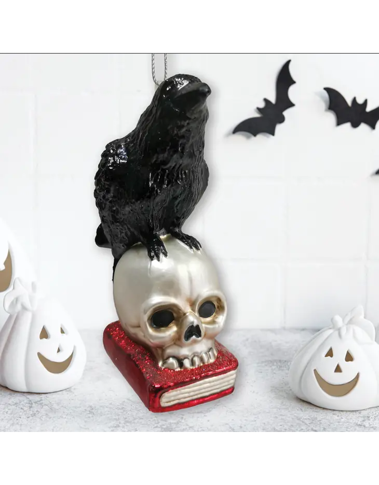 Ornamentally You Raven On Skull and Book Glass Ornament