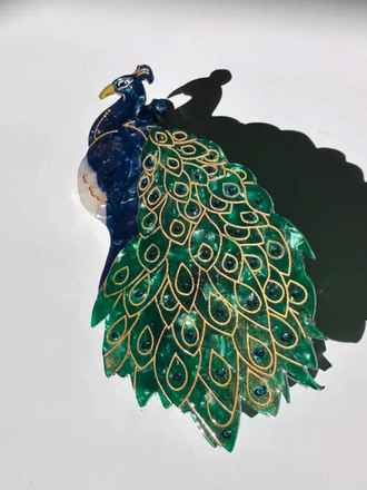 Solar Eclipse Hand-Painted Peacock Bird Hair Clip