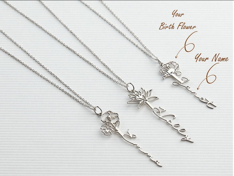Personalized Custom Birth Flower Name Necklace
