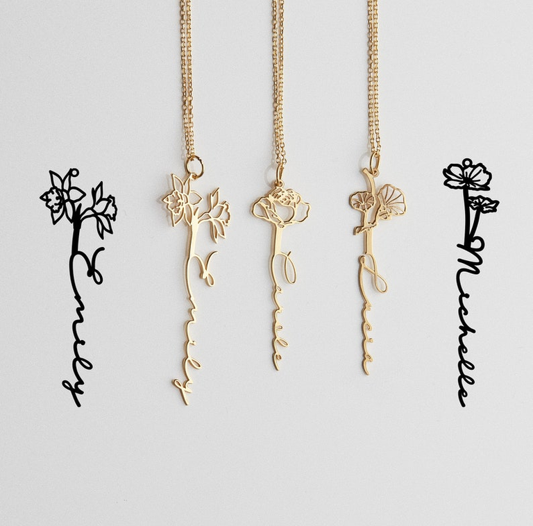Personalized Custom Birth Flower Name Necklace