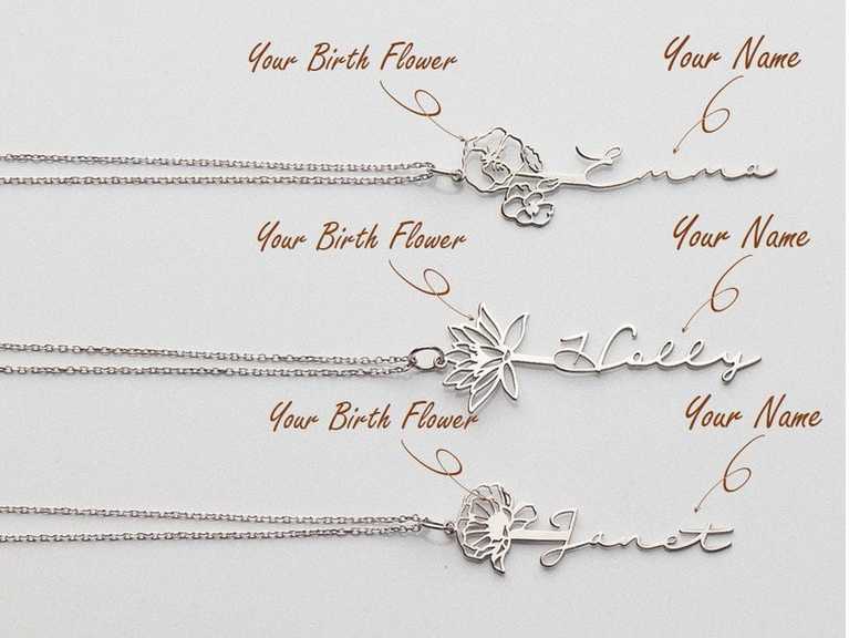 Personalized Custom Birth Flower Name Necklace