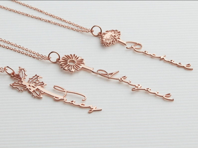 Personalized Custom Birth Flower Name Necklace
