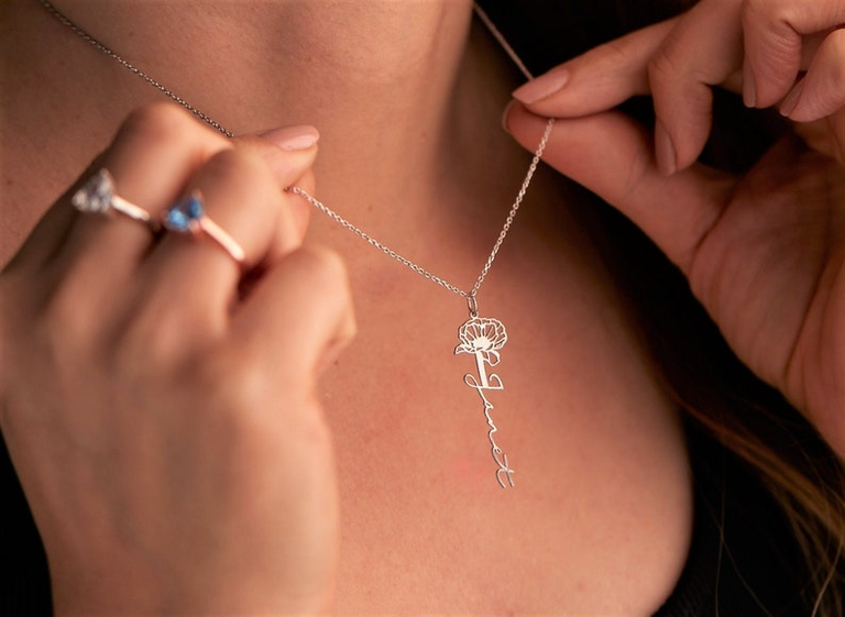 Personalized Custom Birth Flower Name Necklace