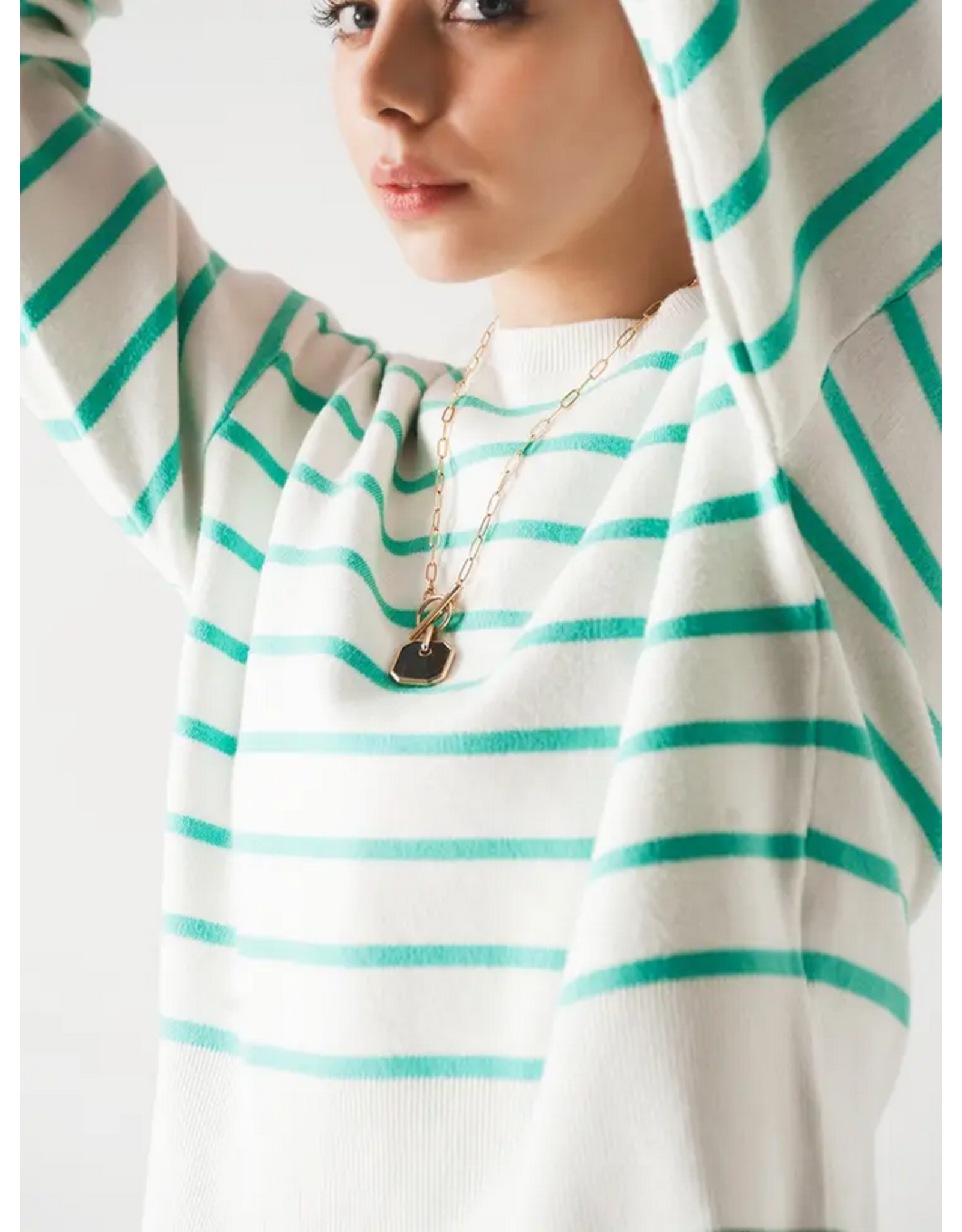 Q2 White & Turquoise Striped Sweater