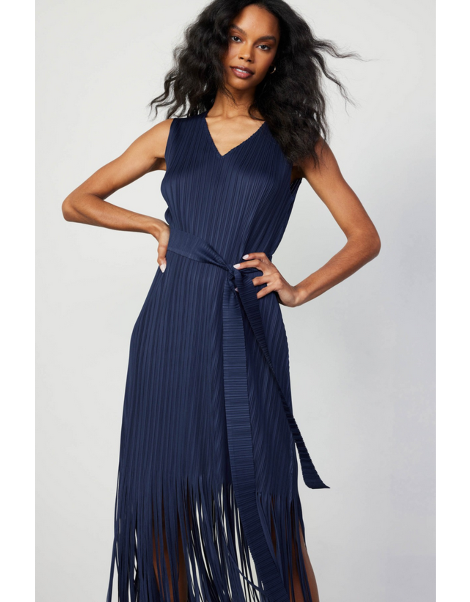 Current Air Sleeveless Pleated Dress with Fringe Detail