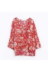 Q2 Relaxed Red Floral Blouse with Bell Sleeves