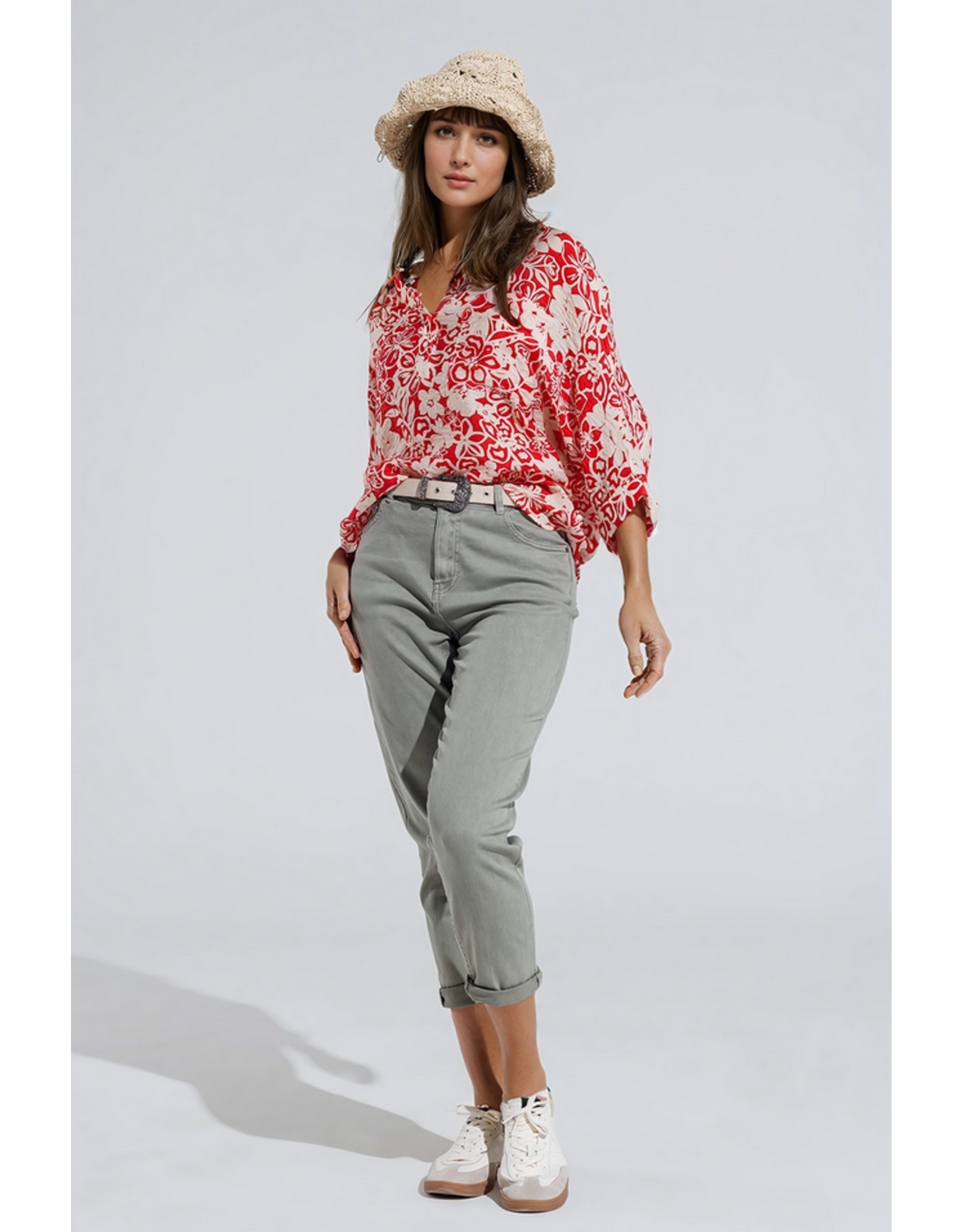 Q2 Relaxed Red Floral Blouse with Bell Sleeves
