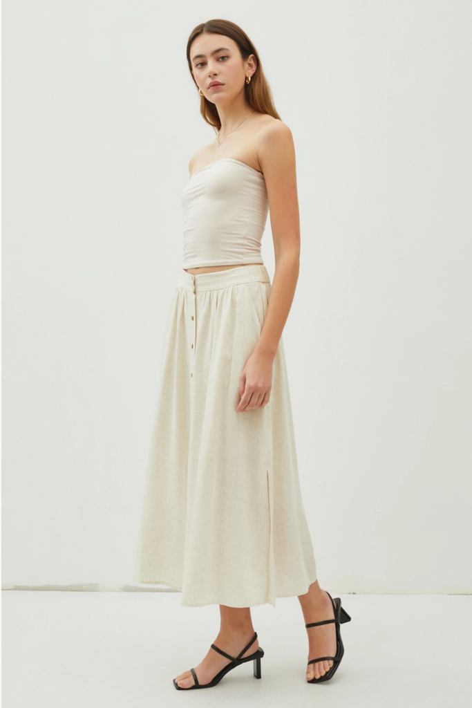 Be Cool Linen Blend Button Front Midi Skirt