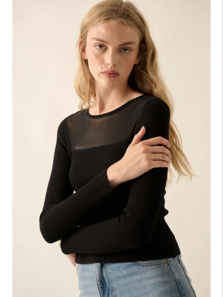 Promesa Mesh Yoke Solid Rib-Knit Top