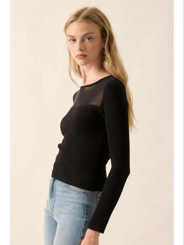 Promesa Mesh Yoke Solid Rib-Knit Top