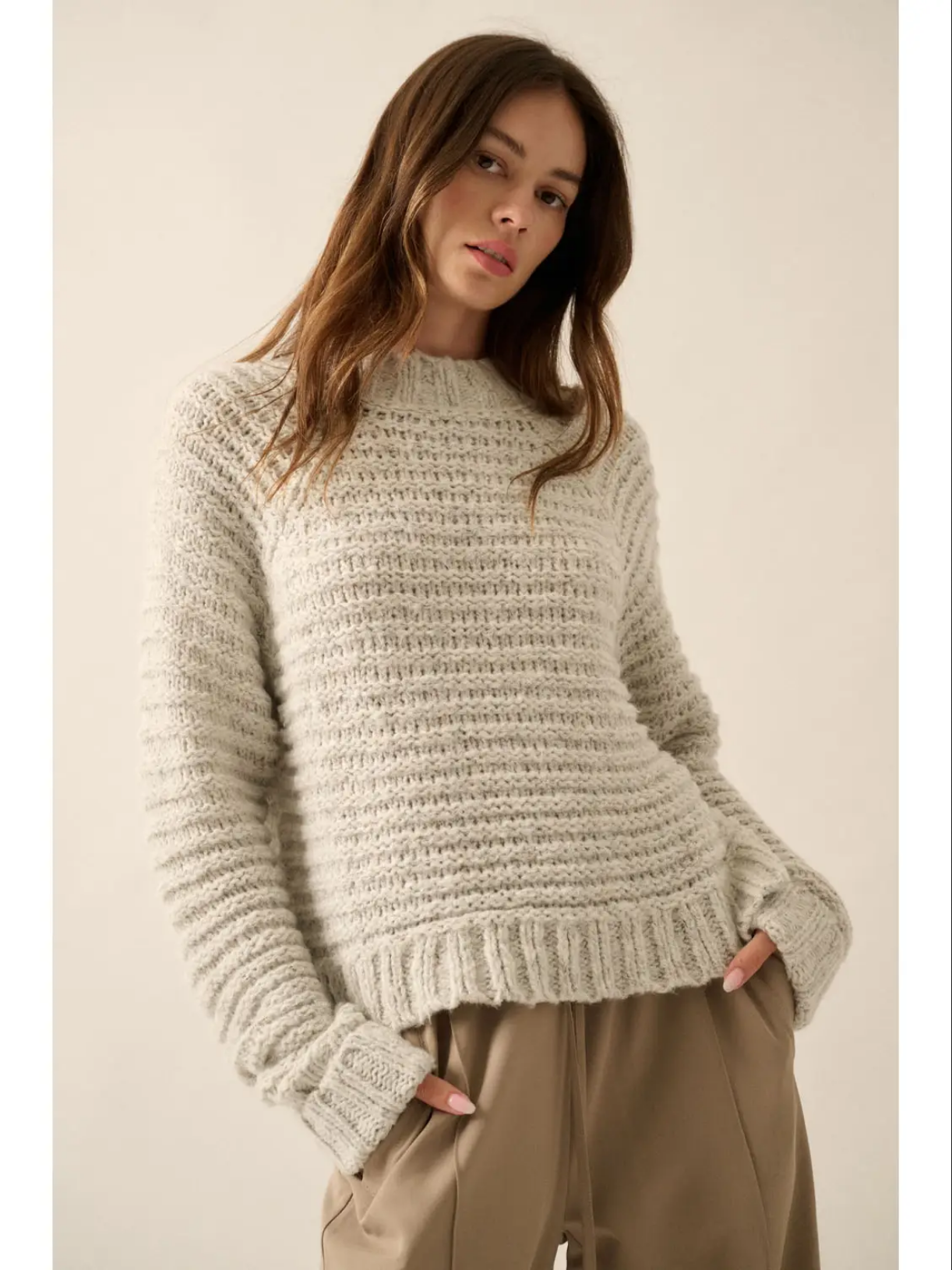 Solid Horizontal Rib-Knit Loose-Fit Raglan Sweater from