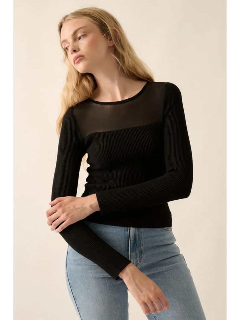 Promesa Mesh Yoke Solid Rib-Knit Top