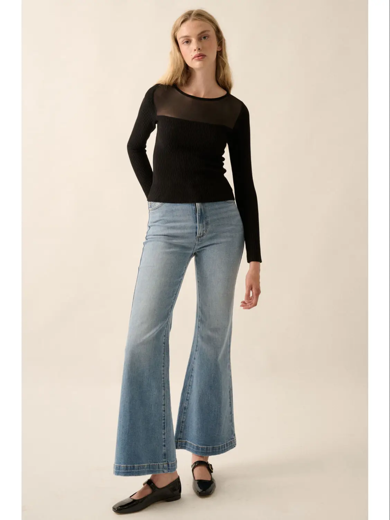 Promesa Mesh Yoke Solid Rib-Knit Top