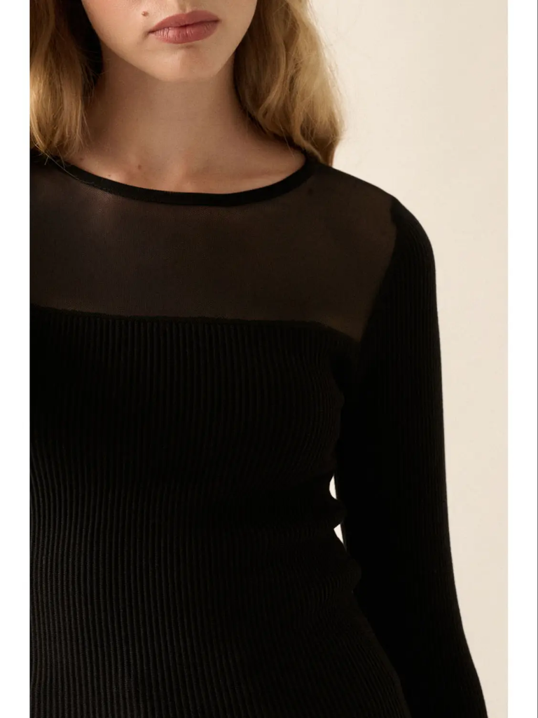 Promesa Mesh Yoke Solid Rib-Knit Top