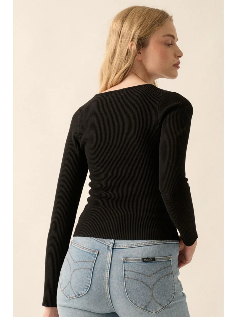 Promesa Mesh Yoke Solid Rib-Knit Top